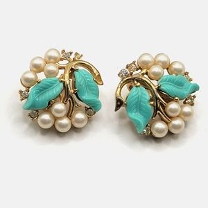 VTG "Crown" Trifari Earrings | Faux Pearls & Blue Leaves | SIGNED | HTF